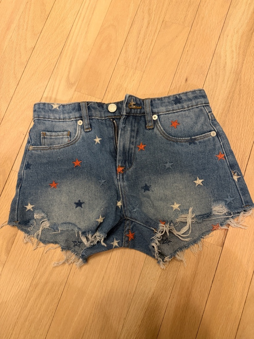 Blank NYC Denim Shorts with Red, White & Navy Star Embroidery